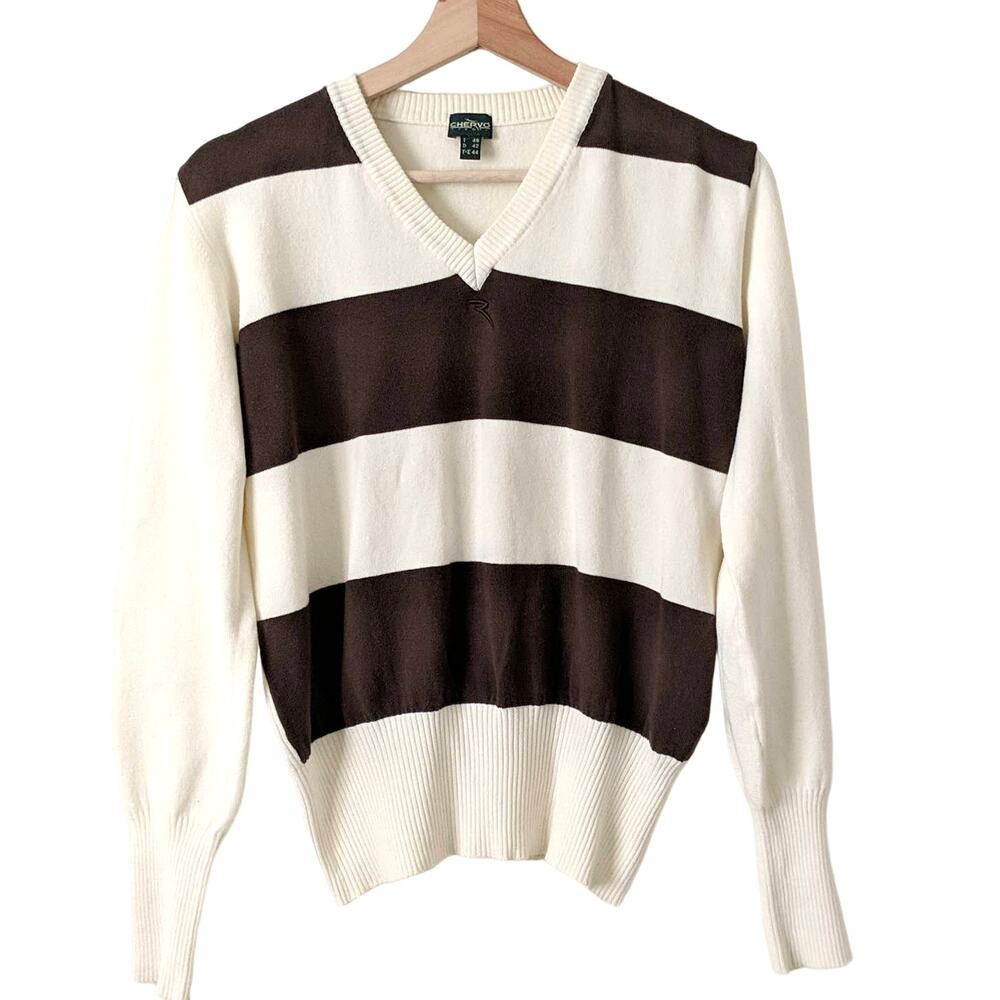 Chervo Sports Sweater Striped Preppy Schoolgirl Medium Italy V-Neck Golf Golfing